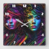 Farbige Portraits von zwei Frauen Quadratische Wanduhr (Vorderseite)