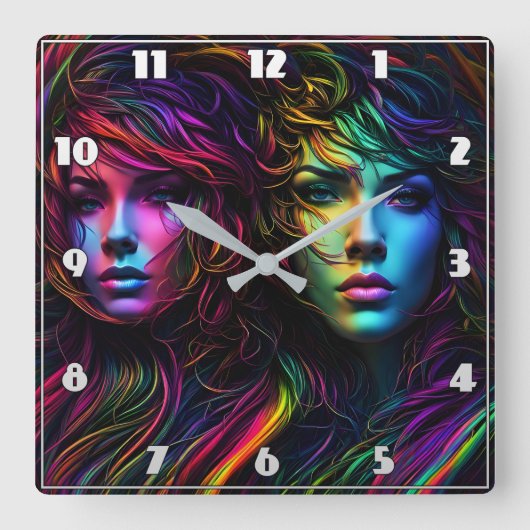 Farbige Portraits von zwei Frauen Quadratische Wanduhr (Vorderseite)