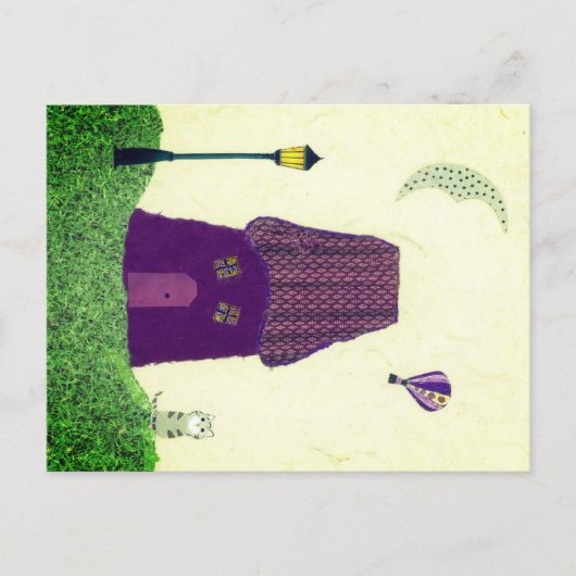 Farbige Postkarte mit Haus, Heißluftballon, Katze (Vorderseite)