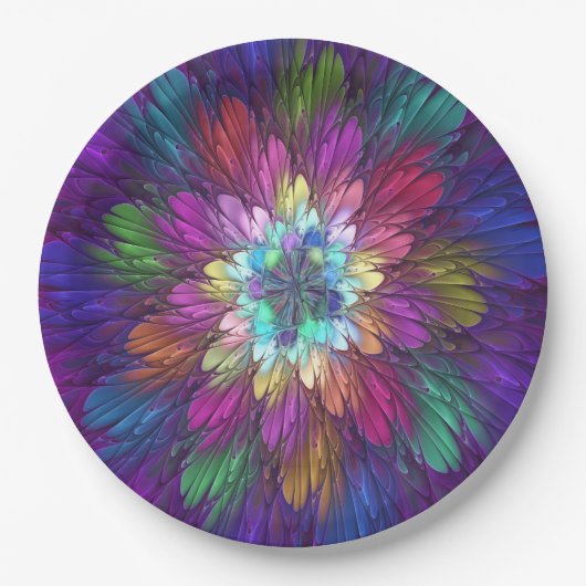 Farbige psychedelische Blumen-Abstract-Fraktal-Kun Pappteller (Vorderseite)
