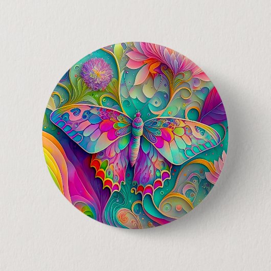 Farbige psychedelische Butterfly und Blumen Button (Vorderseite)