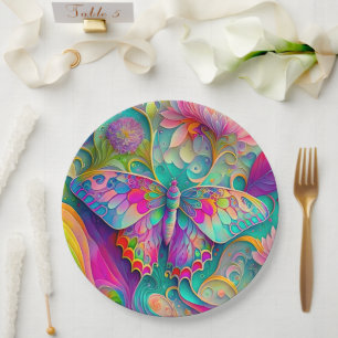 Farbige psychedelische Butterfly und Blumen Pappteller