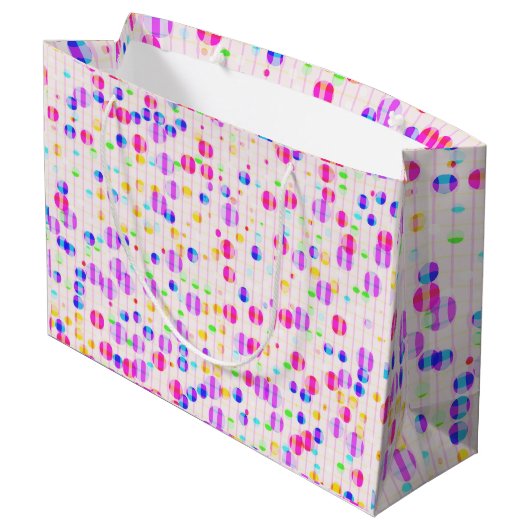 Farbige Punkte auf rosa Geschenktasche Große Geschenktüte (Rückseite Schrägansicht)