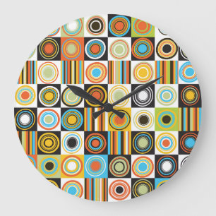 Farbige Punkte, Kreise, Streifen Hintergrund. Große Wanduhr