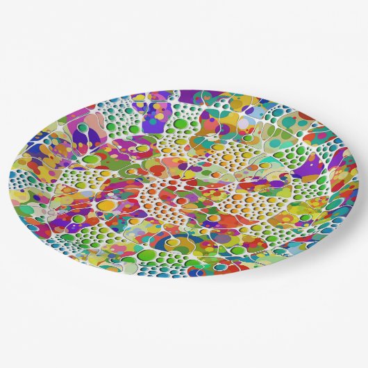 Farbige Punkte Spiralen Handmalerei 2 Pappteller (Schrägansicht)