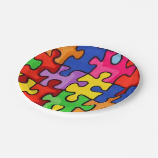 Farbige Puzzleteile Pappteller (Schrägansicht)