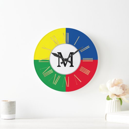 Farbige Quadrate benutzerdefinierte Monogramm Große Wanduhr (Zuhause)