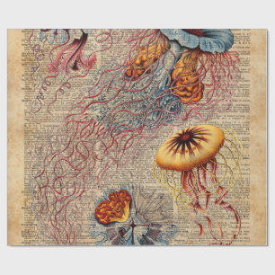 Farbige Quallen Meeresleben Vintage Alte Buchseite Geschenkpapier