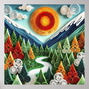 Farbige Quilling-Kunstwerke einer ruhigen Szene Poster