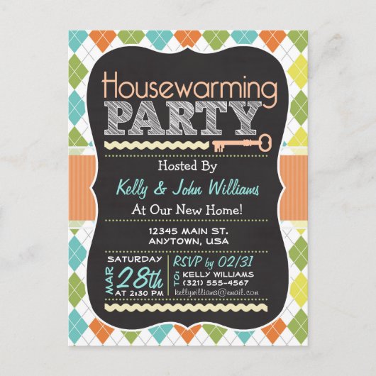 Farbige Raute; Chalkboard Housewarming Party Einladungspostkarte (Vorderseite)