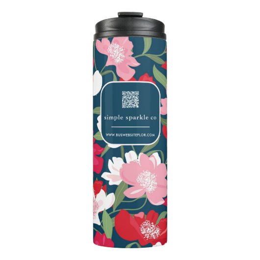 Farbige Red Floral Business QR Code Blau Thermosbecher (Vorderseite)