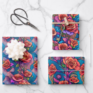 Farbige Regenbogen-Rose Flora Wrapping Paper Geschenkpapier Set