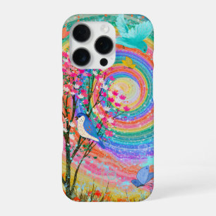 Farbige Regenbogen-Wildblumen Vögel Schmetterlinge iPhone 16 Pro Hülle