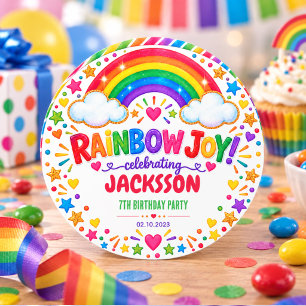 Farbige Regenbogenfreude 7. Geburtstags-Party für Runder Aufkleber