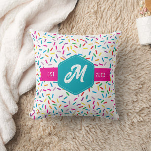 Farbige Regenbogensprinklen Retro-Monogramm Kissen