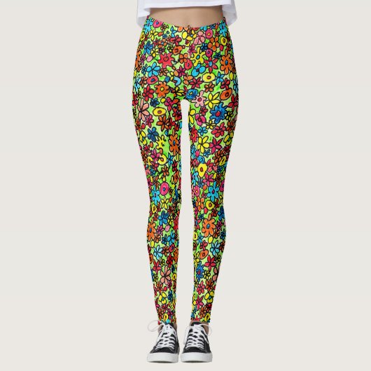 Farbige Retro-Blume, handgezeichnet Leggings (Vorderseite)