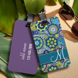 Farbige Retro-Blume mit Monogramm Gepäckanhänger