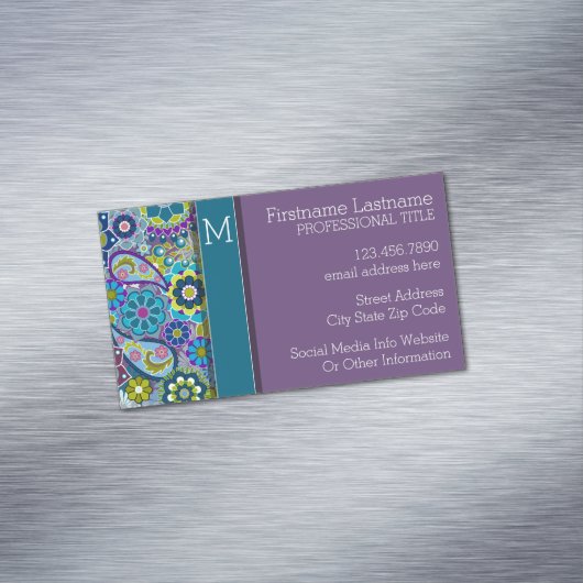 Farbige Retro-Blume mit Monogramm Magnetische Visitenkarte (Beispiel)
