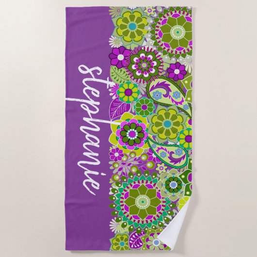 Farbige Retro-Blume mit Monogramm Strandtuch (Vorderseite)