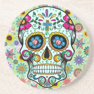 Farbige Retro-Blume Skull 3 Getränkeuntersetzer
