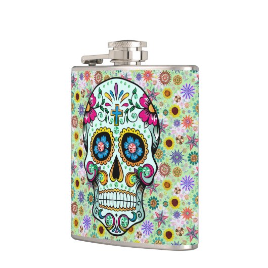 Farbige Retro-Blume Skull Flachmann (Links)