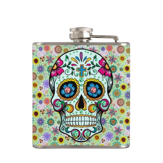 Farbige Retro-Blume Skull Flachmann (Rückseite)