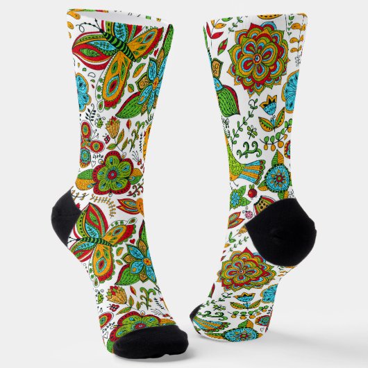 Farbige Retro-Blume und Schmetterlingsmuster Socken (Gewinkelt)