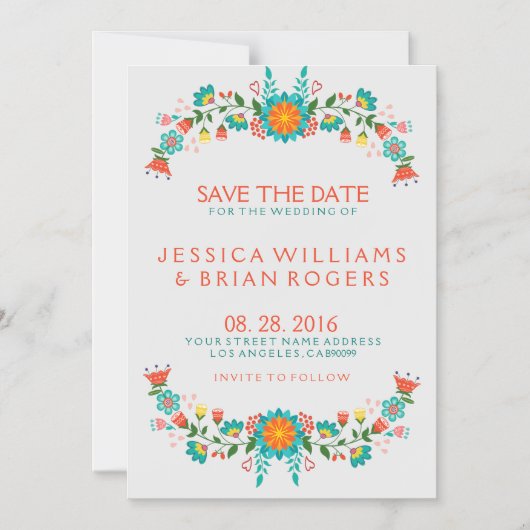 Farbige Retro-Blumenrahmen Save the Date Magneteinladung (Vorderseite)