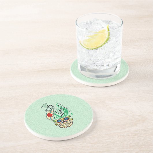 Farbige Retro Blumenzucker Schädel Rote Rosen Getränkeuntersetzer (Seite)