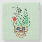 Farbige Retro Blumenzucker Schädel Rote Rosen Steinuntersetzer (Vorderseite)