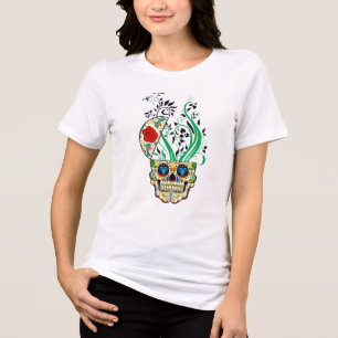 Farbige Retro Blumenzucker Schädel Rote Rosen Tri-Blend Shirt