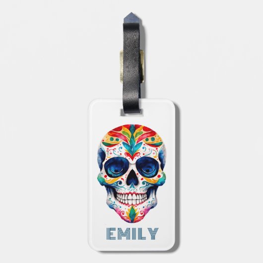 Farbige Retro Floral Sugar Skull Monogramm Gepäckanhänger (Rückseite vertikal)
