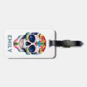 Farbige Retro Floral Sugar Skull Monogramm Gepäckanhänger (Rückseite horizontal)