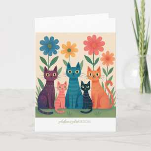 Farbige Retro-Katzen im Blumengarten – Whimsical Karte