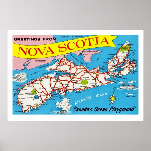 Farbige Retro Nova Scotia Karte drucken Poster (Vorne)