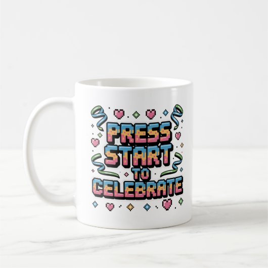 Farbige Retro Pixel Press Start Gamer Feier Kaffeetasse (Links)