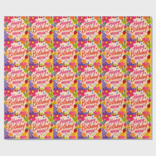 Farbige Retro-Pop-Geburtstagsgrüße mit Blumen Geschenkpapier