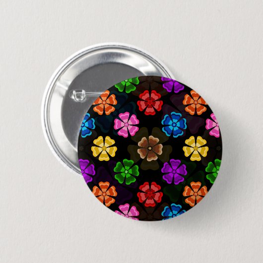 Farbige Retro-Regenbogen-Blumen-Design Schwarz Button (Vorne & Hinten)