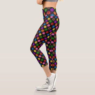 Farbige Retro-Regenbogen-Blumen-Design Schwarz Capri Leggings