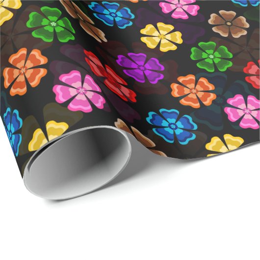 Farbige Retro-Regenbogen-Blumen-Design Schwarz  Geschenkpapier (Rolleneckpunkt)