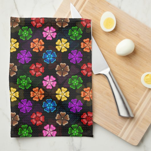 Farbige Retro-Regenbogen-Blumen-Design Schwarz Geschirrtuch (Viertel Falte)