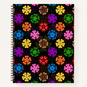 Farbige Retro-Regenbogen-Blumen-Design Schwarz Notizblock