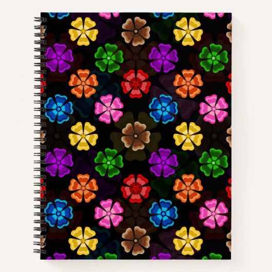Farbige Retro-Regenbogen-Blumen-Design Schwarz Notizblock (Vorderseite)