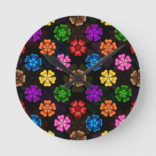 Farbige Retro-Regenbogen-Blumen-Design Schwarz Runde Wanduhr