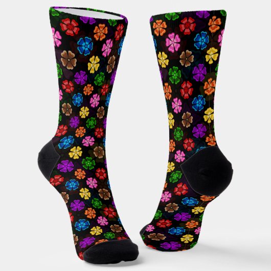 Farbige Retro-Regenbogen-Blumen-Design Schwarz Socken (Gewinkelt)