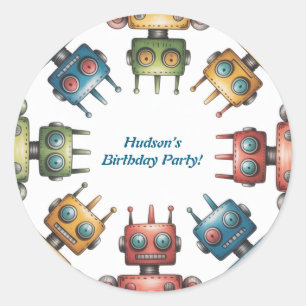 Farbige Retro-Roboter-Jungen-Geburtstagsfeier Runder Aufkleber
