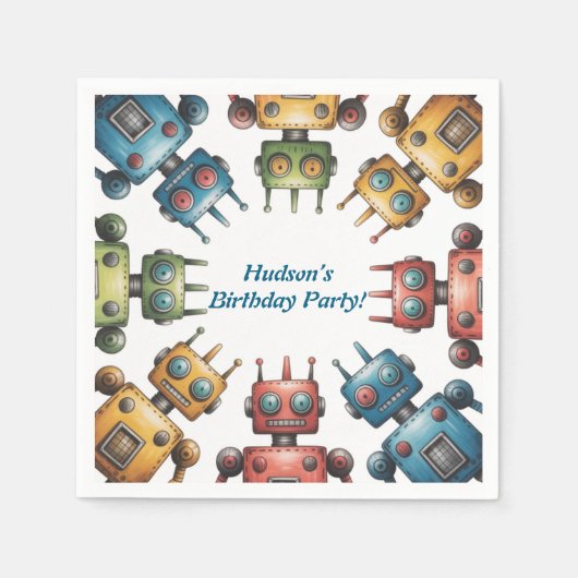 Farbige Retro-Roboter-Jungen-Geburtstagsfeier Serviette (Vorderseite)
