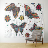 Farbige Retro-Schmetterlinge und Blume Wandteppich (Beispiel (Horizontal))