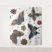 Farbige Retro-Schmetterlinge und Blume Wandteppich (Vorderseite)