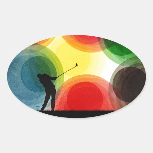 Farbige Retro-Silhouette Golfer Ovaler Aufkleber (Vorderseite)